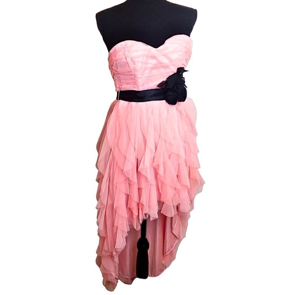 PINK ORGANZA HIGH-LOW PARTY DRESS W/ BLACK ROSETTE FLOWER WAIST BELT